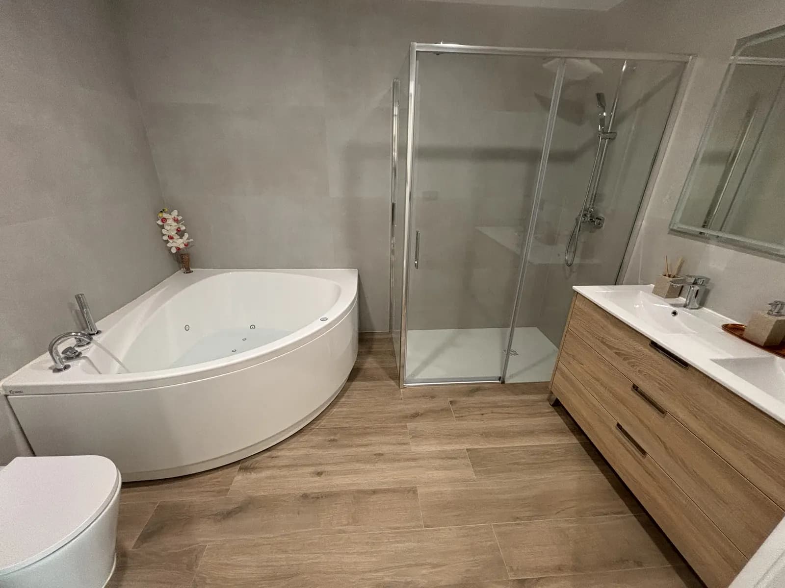 Distribución final del baño con bañera, ducha y mueble de lavabo